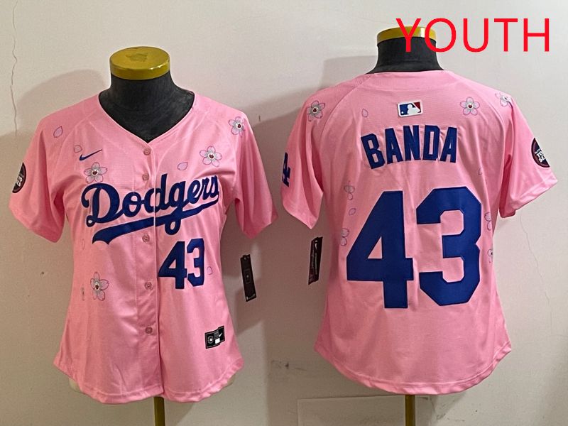 Youth Los Angeles Dodgers 43 Banda Pink White Blue Sakura Edition 2025 Nike MLB Jersey style 2